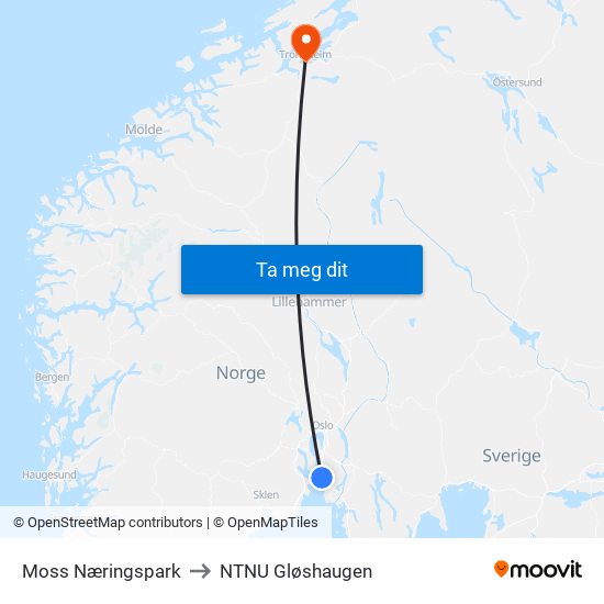 Moss Næringspark to NTNU Gløshaugen map