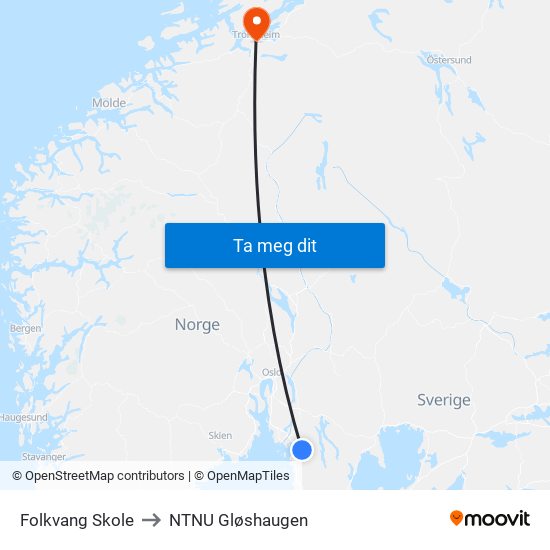 Folkvang Skole to NTNU Gløshaugen map