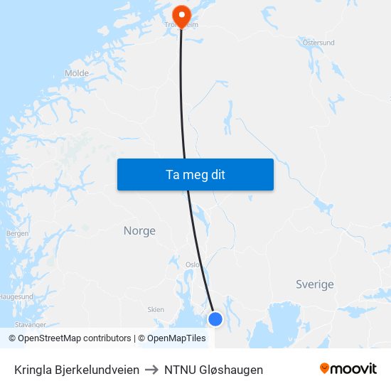 Kringla Bjerkelundveien to NTNU Gløshaugen map