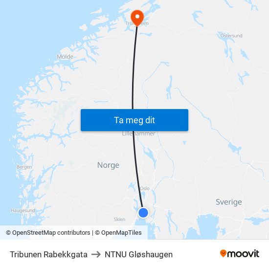 Tribunen Rabekkgata to NTNU Gløshaugen map