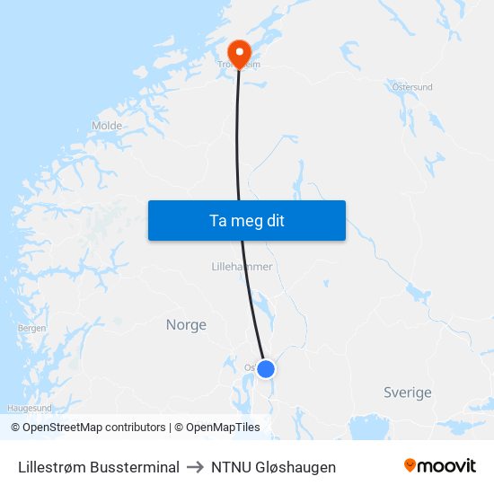 Lillestrøm Bussterminal to NTNU Gløshaugen map