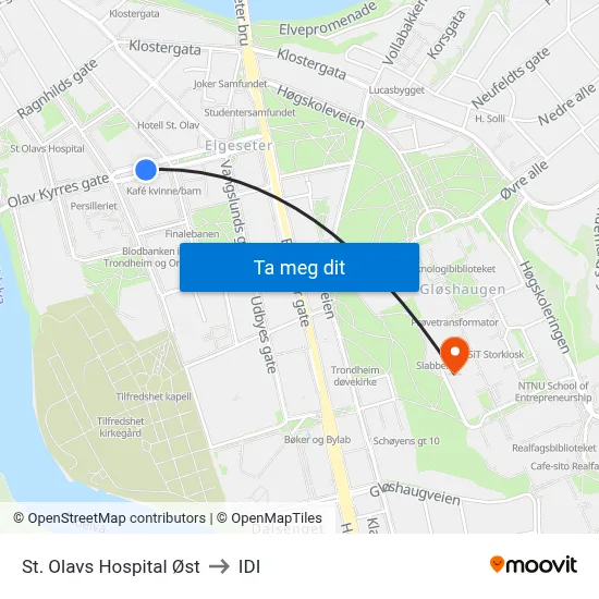 St. Olavs Hospital Øst to IDI map