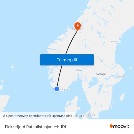 Flekkefjord Rutebilstasjon to IDI map