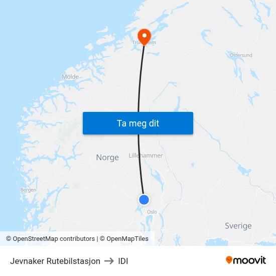 Jevnaker Rutebilstasjon to IDI map