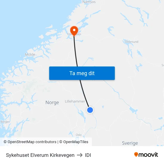 Sykehuset Elverum Kirkevegen to IDI map
