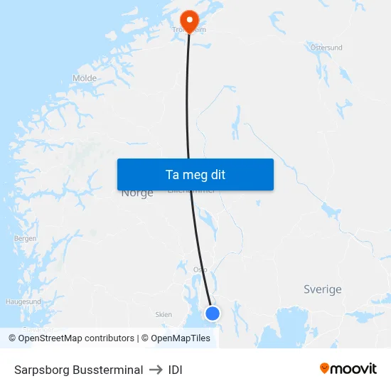 Sarpsborg Bussterminal to IDI map