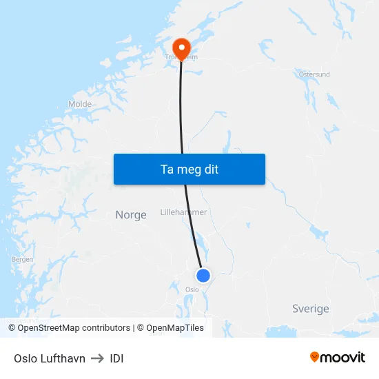 Oslo Lufthavn to IDI map