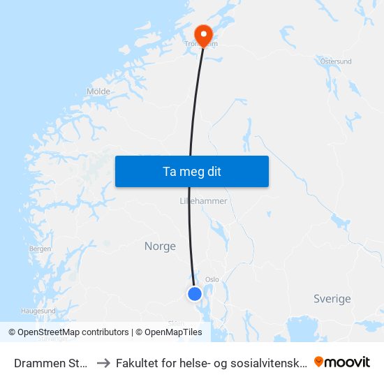 Drammen Stasjon to Fakultet for helse- og sosialvitenskap, NTNU map