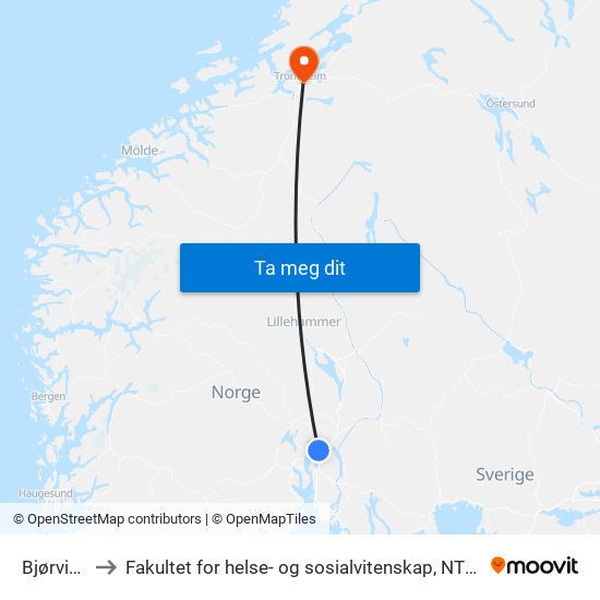 Bjørvika to Fakultet for helse- og sosialvitenskap, NTNU map