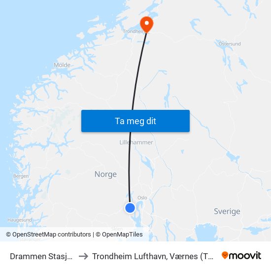 Drammen Stasjon to Trondheim Lufthavn, Værnes (TRD) map