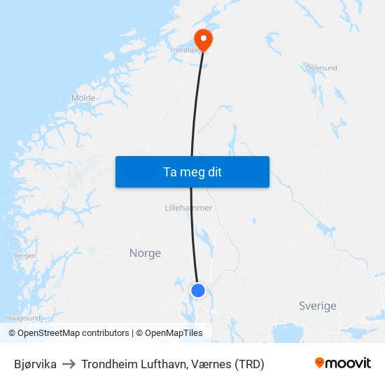 Bjørvika to Trondheim Lufthavn, Værnes (TRD) map
