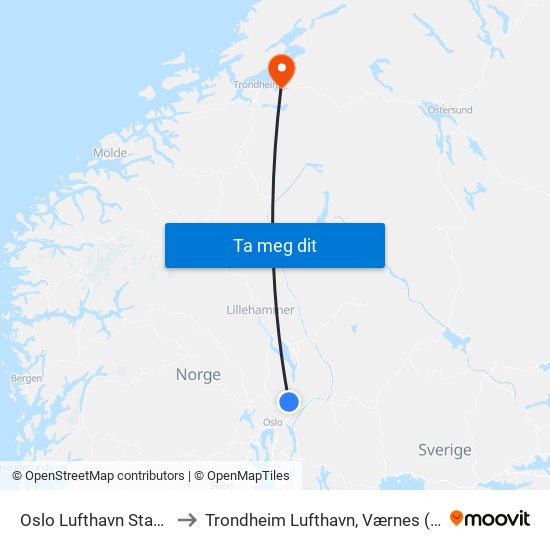 Oslo Lufthavn Stasjon to Trondheim Lufthavn, Værnes (TRD) map