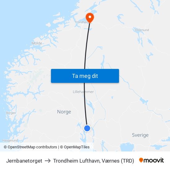 Jernbanetorget to Trondheim Lufthavn, Værnes (TRD) map