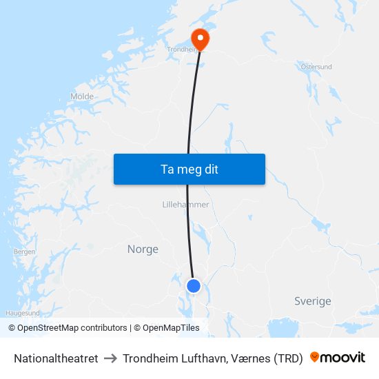 Nationaltheatret to Trondheim Lufthavn, Værnes (TRD) map