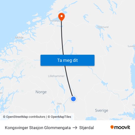 Kongsvinger Stasjon Glommengata to Stjørdal map