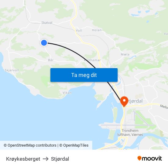 Krøykesberget to Stjørdal map