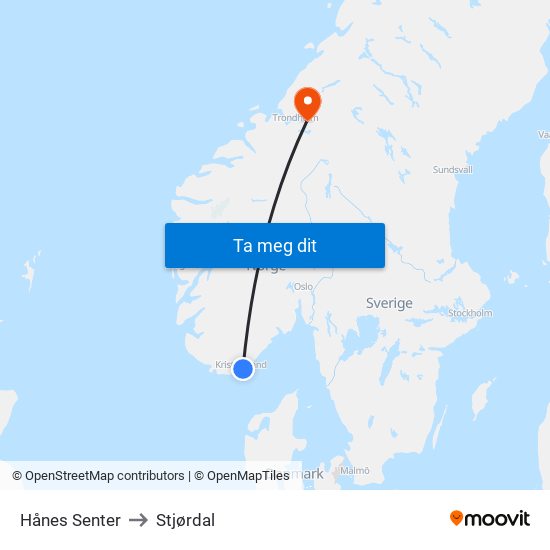 Hånes Senter to Stjørdal map