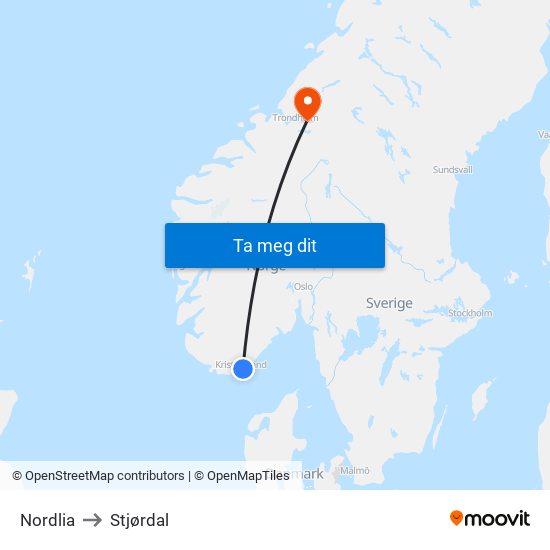 Nordlia to Stjørdal map