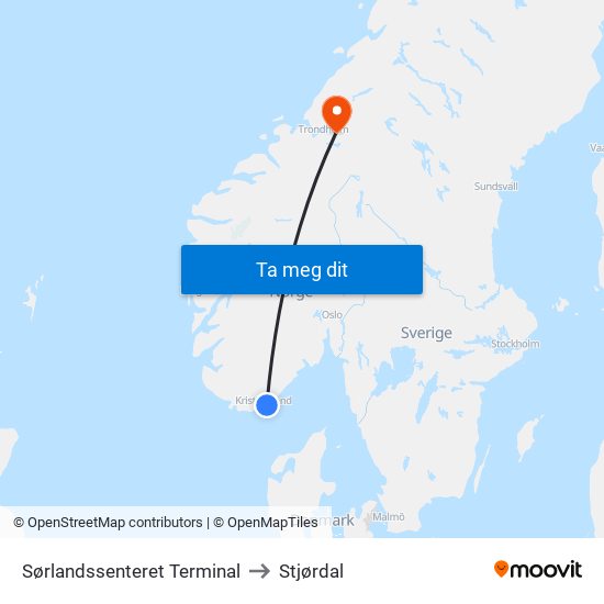 Sørlandssenteret Terminal to Stjørdal map