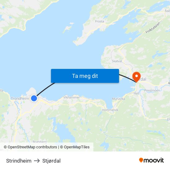 Strindheim to Stjørdal map