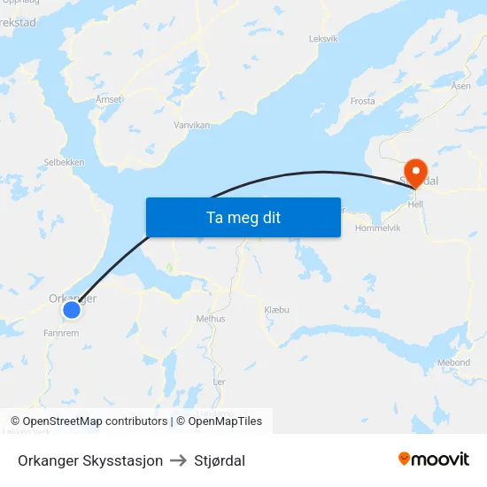 Orkanger Skysstasjon to Stjørdal map