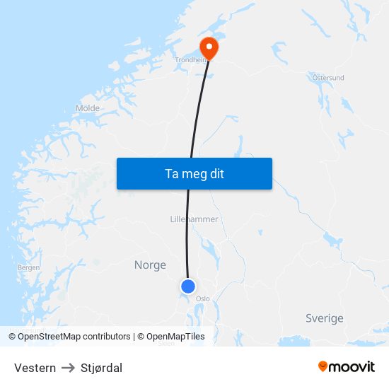 Vestern to Stjørdal map