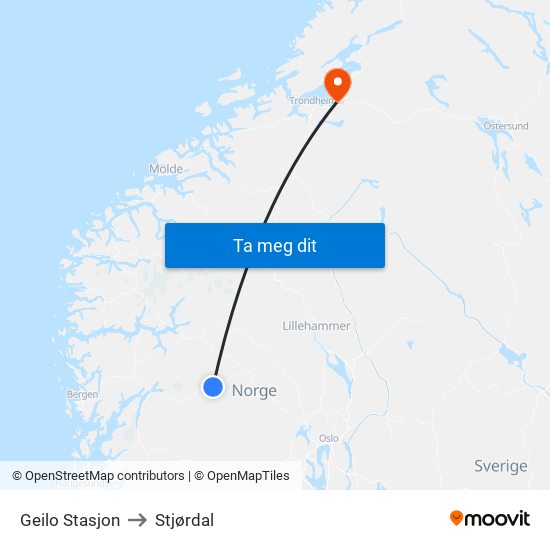 Geilo Stasjon to Stjørdal map