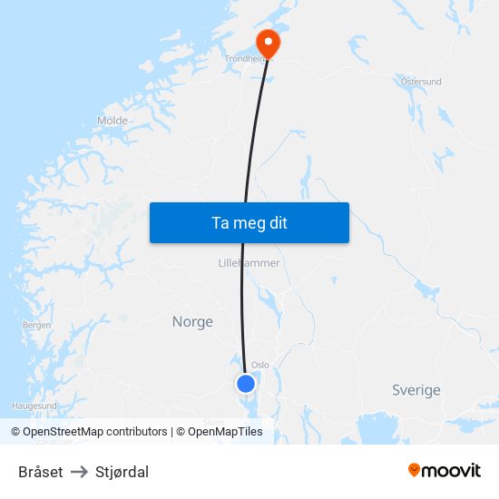 Bråset to Stjørdal map