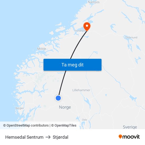 Hemsedal Sentrum to Stjørdal map