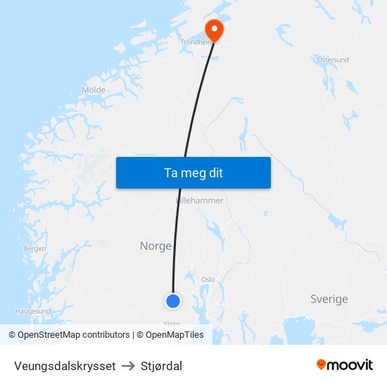 Veungsdalskrysset to Stjørdal map