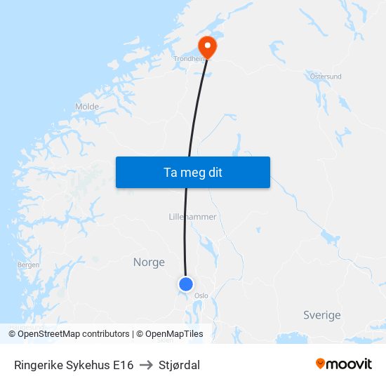 Ringerike Sykehus E16 to Stjørdal map