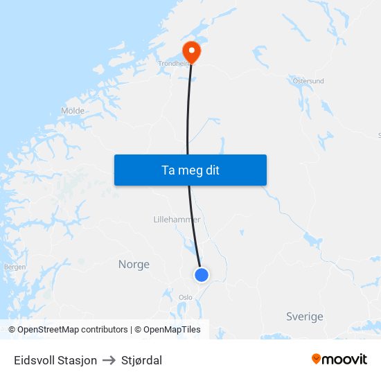 Eidsvoll Stasjon to Stjørdal map