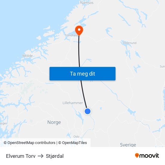 Elverum Torv to Stjørdal map