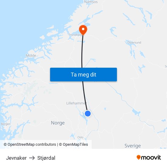 Jevnaker to Stjørdal map