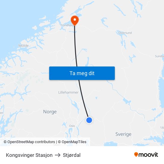 Kongsvinger Stasjon to Stjørdal map