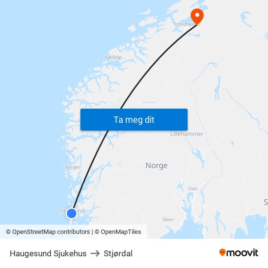Haugesund Sjukehus to Stjørdal map