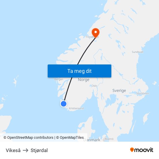 Vikeså to Stjørdal map