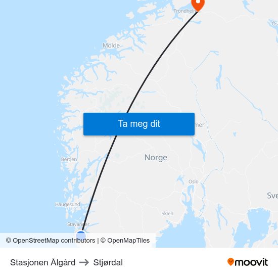 Stasjonen Ålgård to Stjørdal map