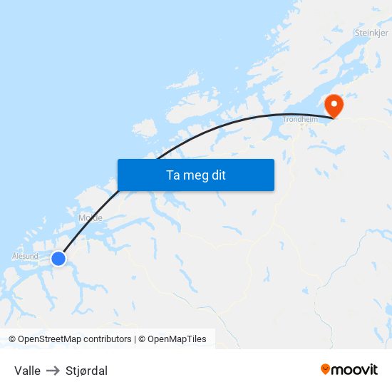 Valle to Stjørdal map