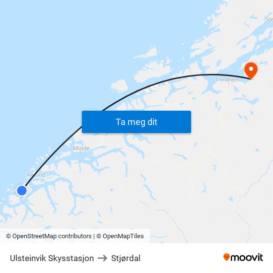 Ulsteinvik Skysstasjon to Stjørdal map