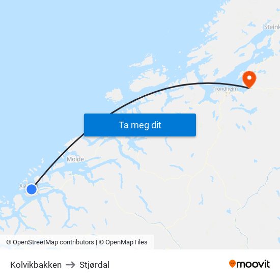 Kolvikbakken to Stjørdal map