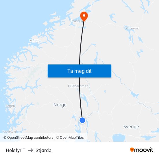 Helsfyr T to Stjørdal map