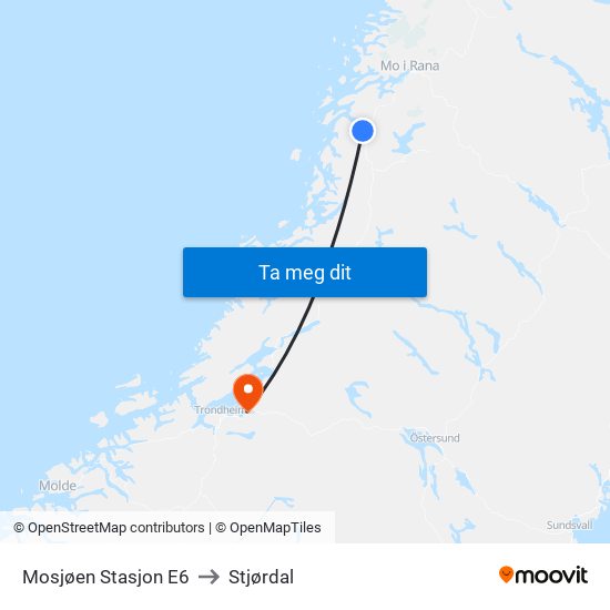 Mosjøen Stasjon E6 to Stjørdal map