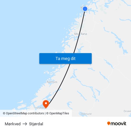 Mørkved to Stjørdal map