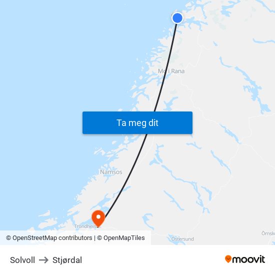 Solvoll to Stjørdal map
