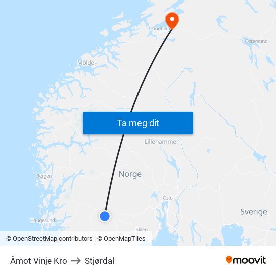 Åmot Vinje Kro to Stjørdal map