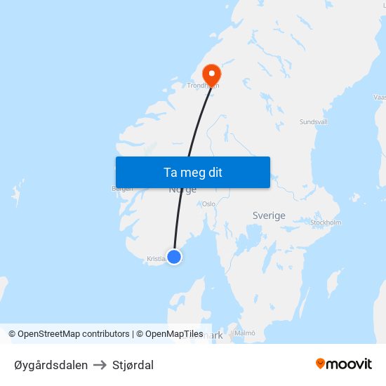 Øygårdsdalen to Stjørdal map