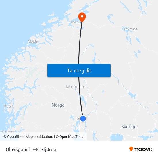 Olavsgaard to Stjørdal map