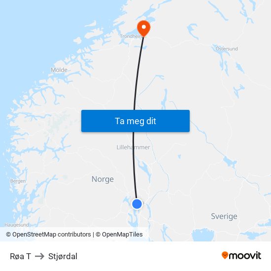 Røa T to Stjørdal map