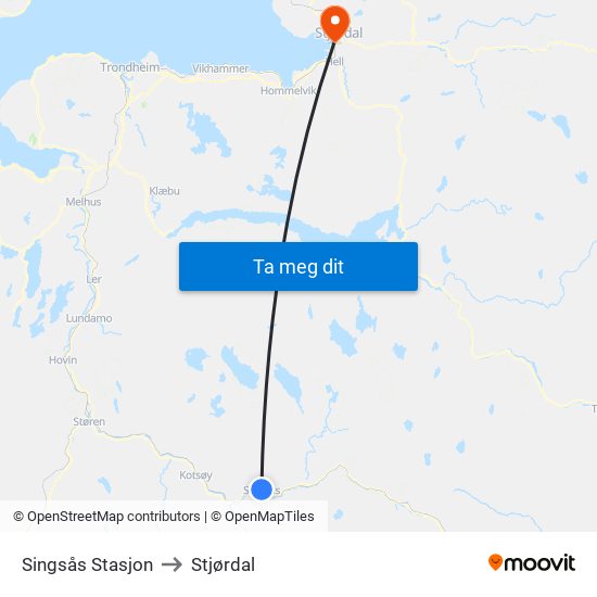 Singsås Stasjon to Stjørdal map